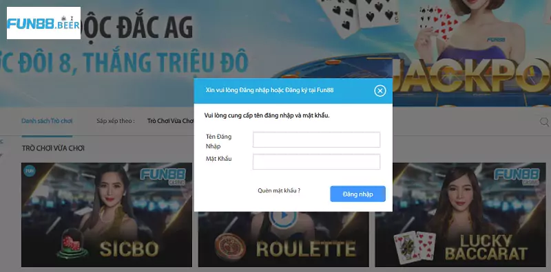 Quên mật khẩu khi đăng nhập tại FUN88
